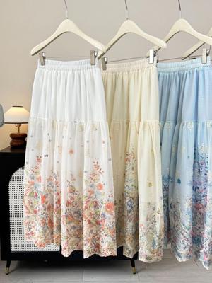 Monet Garden Floral Print Midi Skirt: French A-line Beach Style, Spring/Summer 2026 Collection