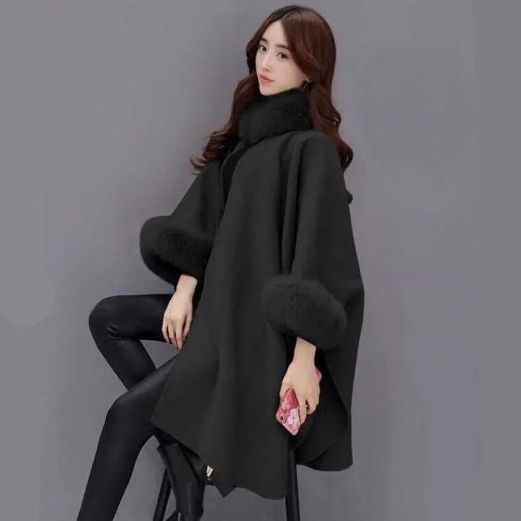 

Autumn and Winter Women s Cape Coat Dolman Sleeves Thick Shawl Loose Stand Collar Solid Color Faux Fur Decor Warm Daily Wear Work Outdoor Poncho XXXXXL чорний