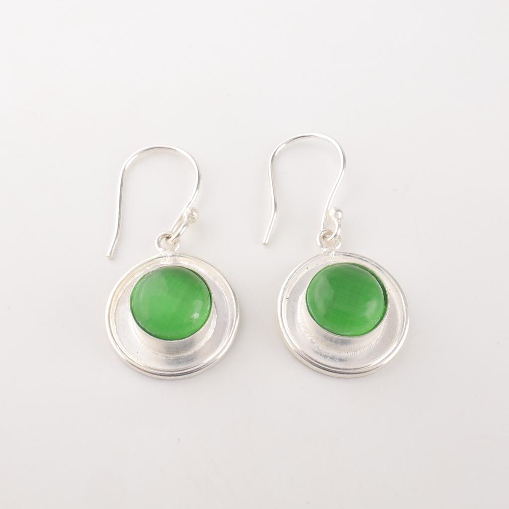 925 Sterling Silver Green Cat's Eye Gemstone Jewelry Handcrafted Earrings 1.40" EE-4-46