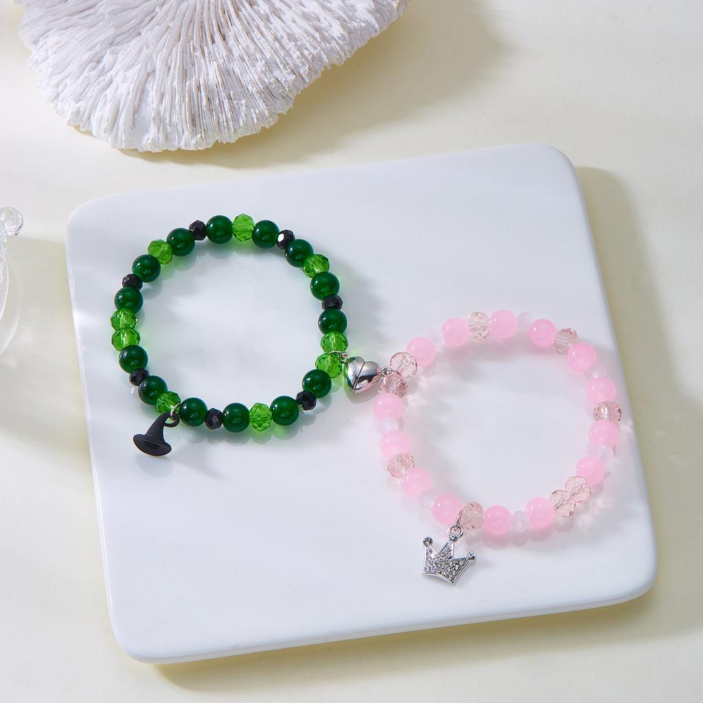 2pcs Magic Stick Hat Crown Matching Bracelets for Women Sweet Pink Green Bead Handmade Stretch Bracelet BFF Jewelry Gifts