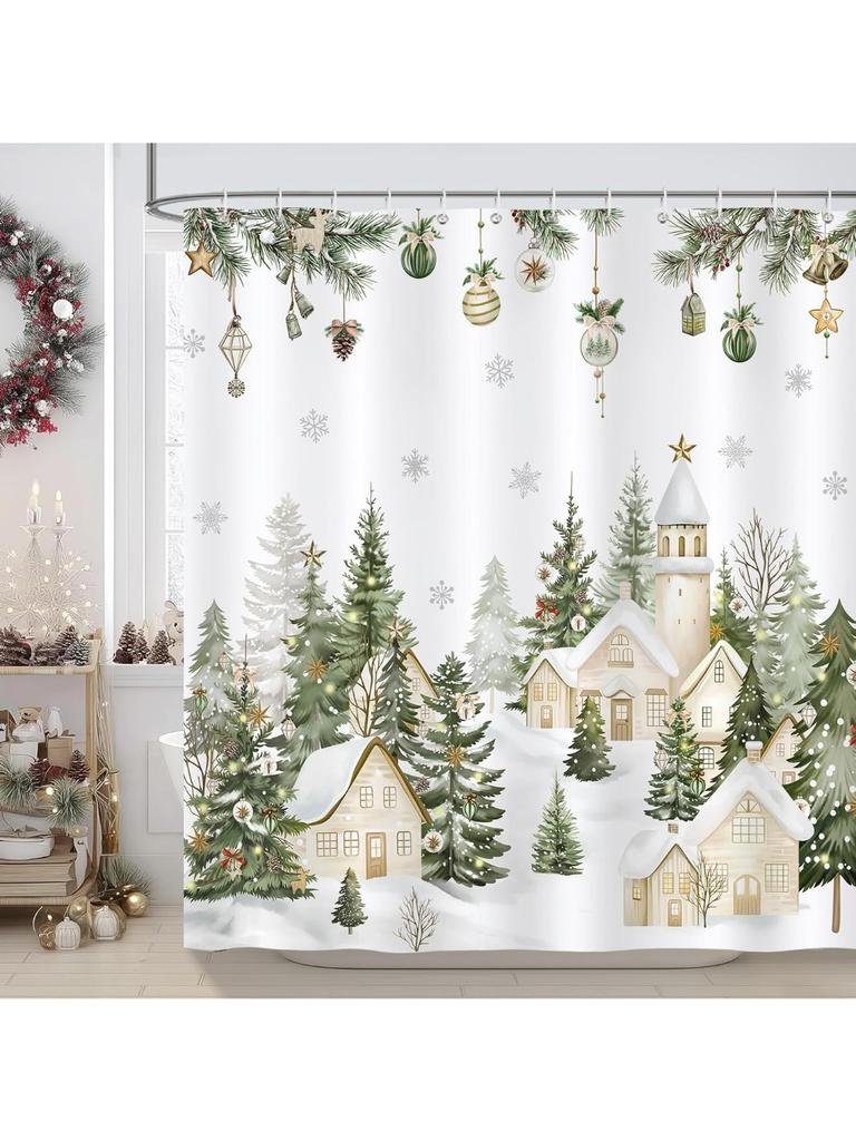 Farmhouse Christmas Shower Curtain, Snowy Xmas Village Cabin Pine Tree Winter Shower Curtain For Bathroom Waterproof Polyester