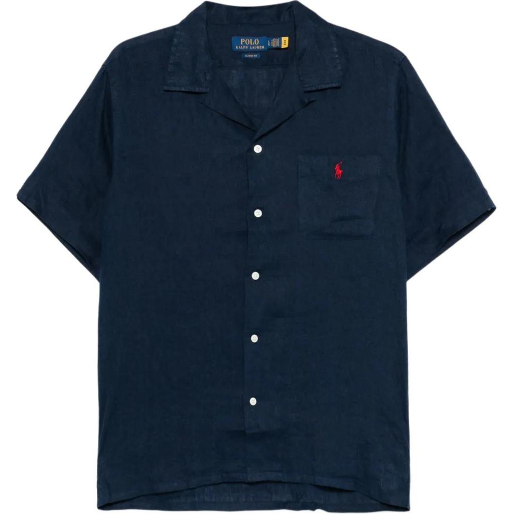 Polo Ralph Lauren Solid Logo Cuban Collar Loose Button Short Sleeve Shirt Men shirts Navy-Blue 710966421-001