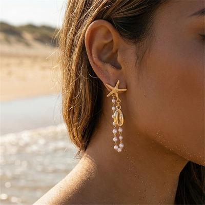 Bohemian Starfish Shell Imitation Pearl Tassel Dangle Earrings For Women Men Elegant Sea Star Drop Earring Summer Beach Jewelry