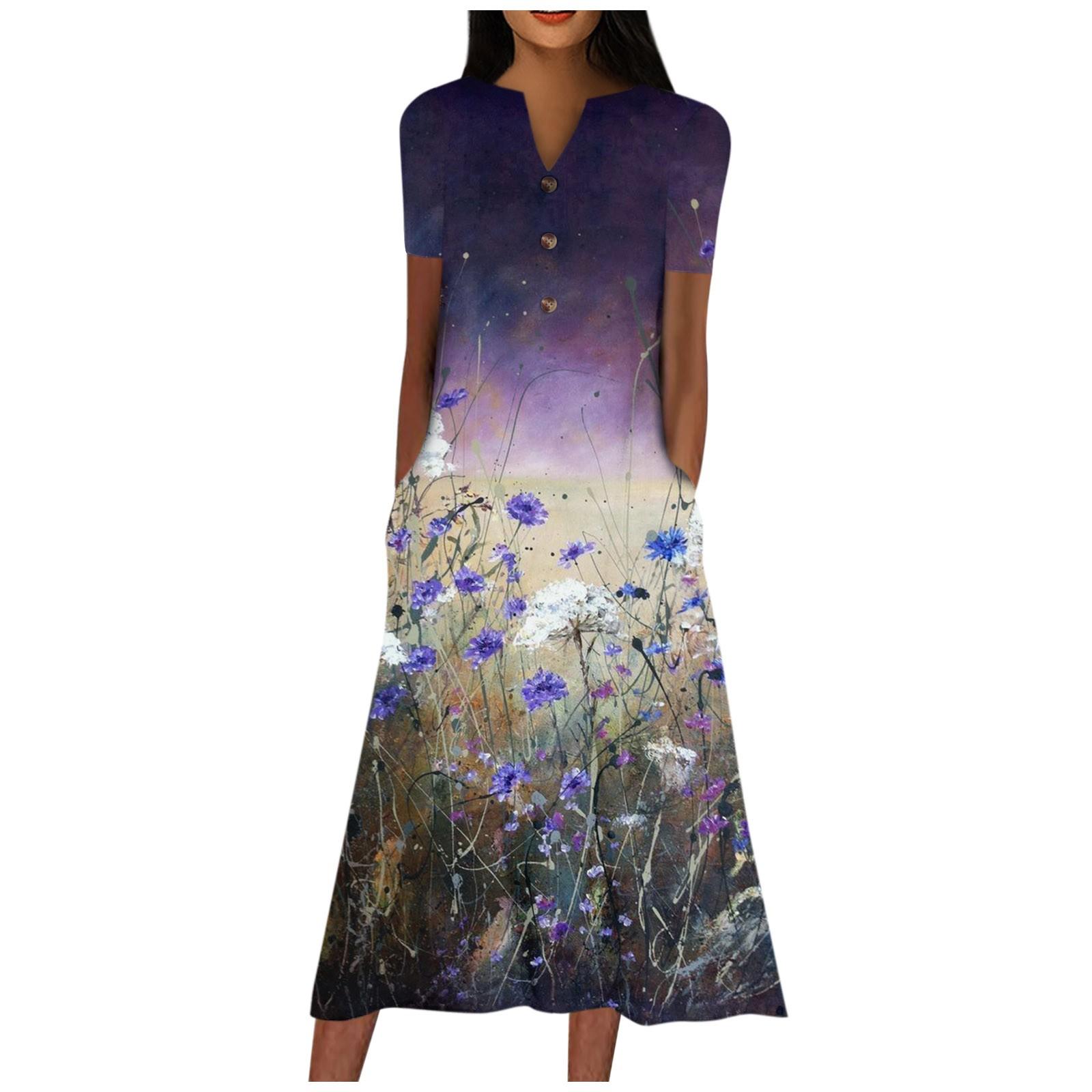 

Women s V-neck Short Sleeve Dress Polka Print Casual Dress With Pockets M фіолетовий