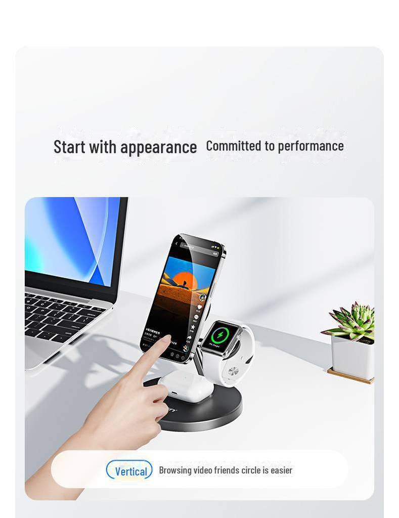 PISEN 15W MagSafe 3-in-1 Wireless Charger for Phone, Watch, and Earphones with Lazy Bracket