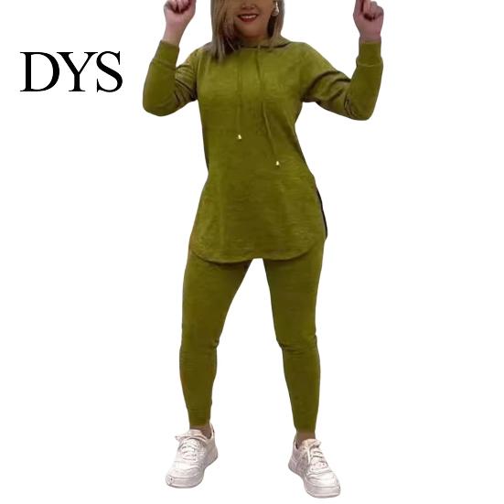 Autumn Casual Clothes 2 Pcs/Set Women Top Pants Set Hooded Long Sleeves Solid Color Slit Daily Sport Outfit Hem Sweatshirt Elastic Waist Slim