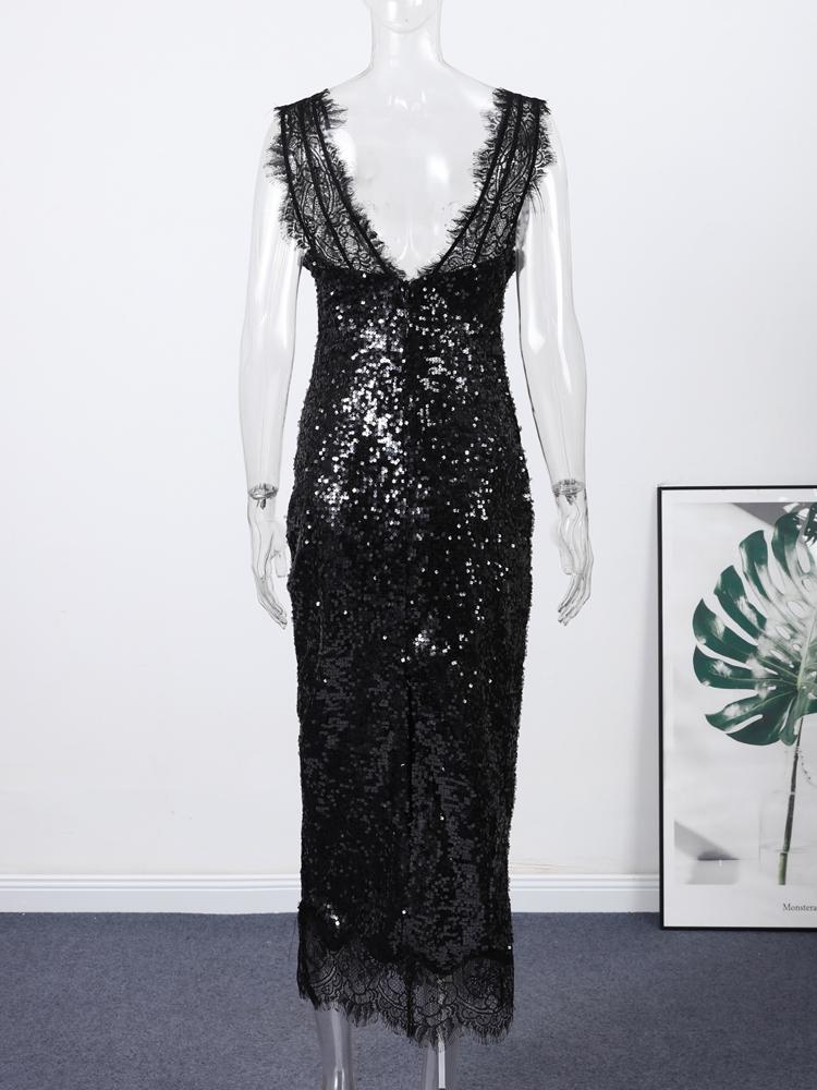 Damen V-Ausschnitt Formelles Kleid Damen Spitze Langkleid Damen Rückenfreies Sexy Kleid Damen Schwarzes Kleid 2026