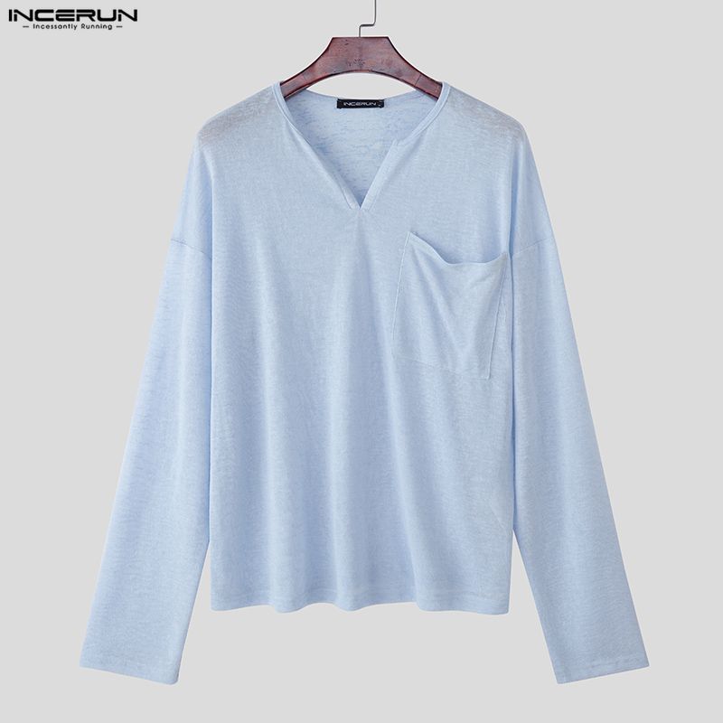 INCERUN Herren V-Ausschnitt Langarm Halbtransparent Lässig Locker Dünn T-Shirts Oberteile Unterhemden