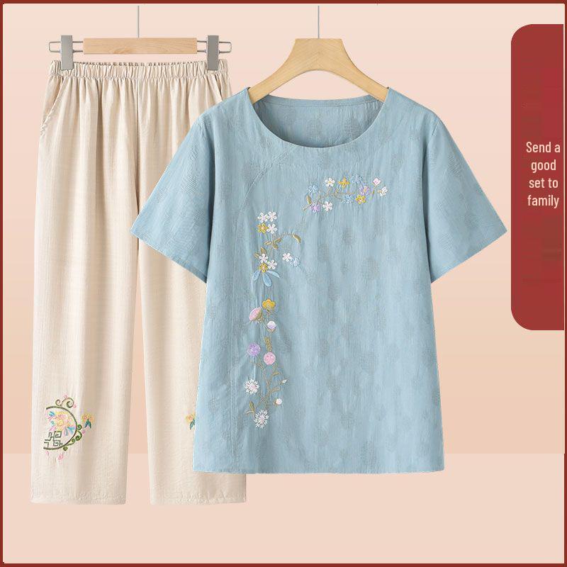Summer Embroidered Two-Piece Home Set for Mature Women - Thin Cotton & Linen
