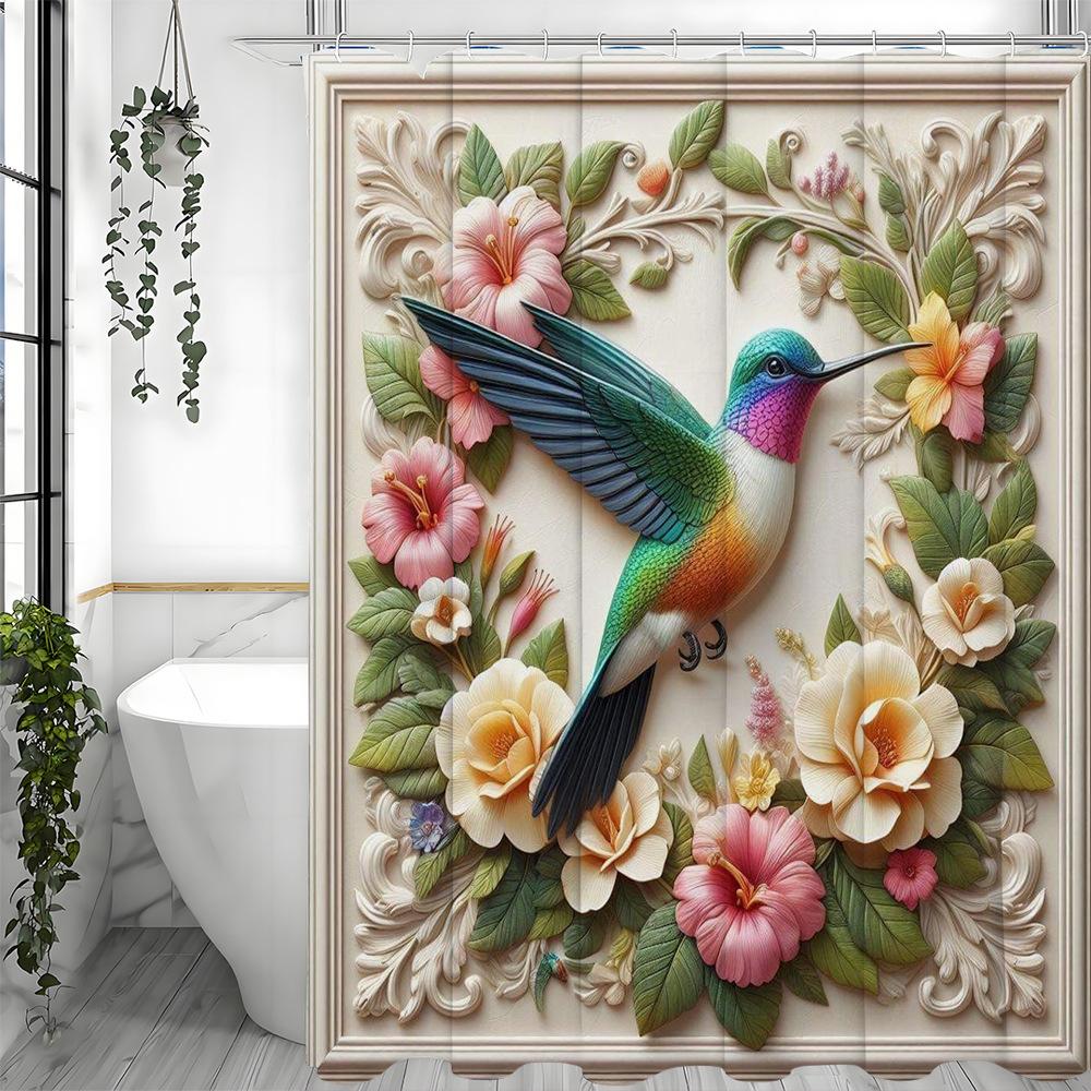 

Hummingbirds And Flowers Shower Curtain Washable Dirt-Resistant Shower Head Waterproof Polyester Bath Curtain For Home Decor W60H190(CM)-1 Pcs