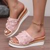 Fashion Pink Flower Decor Wedge Slippers for Women 2025 Summer Lightweight Non Slip Beach Shoes Woman Plus Size Fashion Platform Sandals