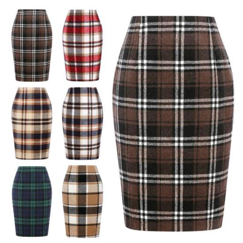 Frauen Frühling Rock Hohe Taille Plaid Print Kontrast Farbe Slim Fit Gerade Warm Halten Mantel Knielangen Winter Rock Weibliche kleidung
