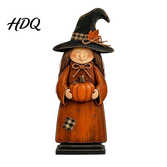 Vintage Style Witch Statue for Shelf Wooden Ornament Retro Halloween Figurine with Broom/Pumpkin/Black Collectible Figures Cat Creative Tabletop