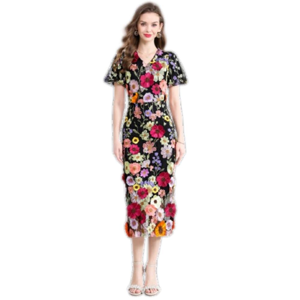 

2025 New Summer Women V-Neck Short Sleeve Slim Long Dress High Quality Mesh Embroidery 3D Flowers Elegant Evening Party Dress S