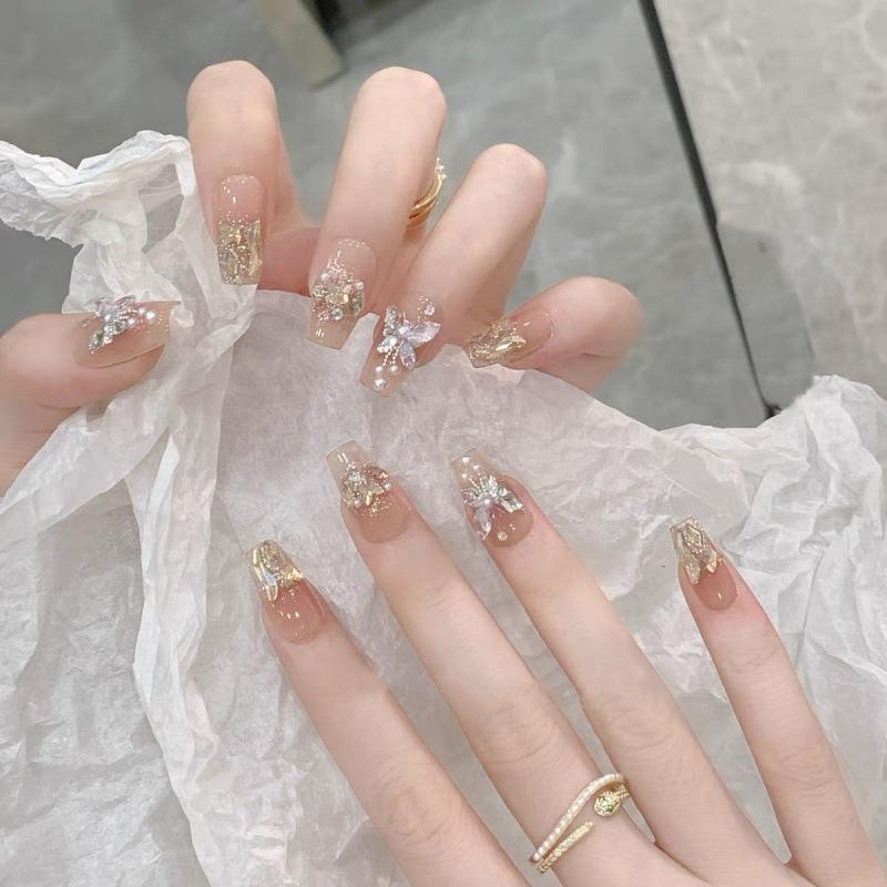 Handmade Butterfly Champagne Diamond False Nails with Whitening Blush