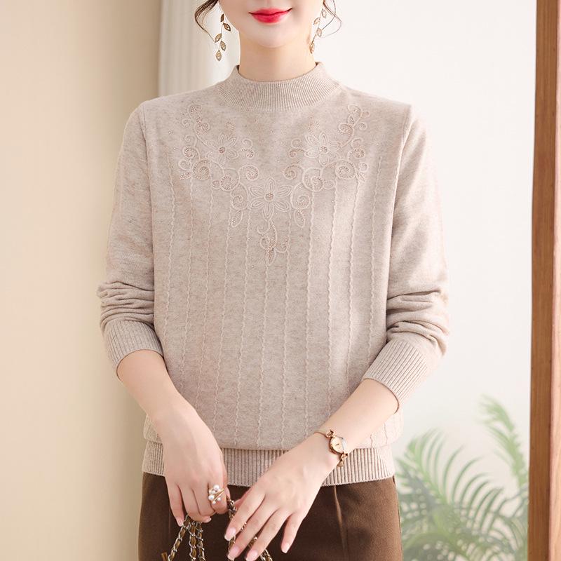 Mamas bestickter Wollpullover: Halbhoher Kragen, Ideale Basisschicht für Frauen mittleren und höheren Alters, Neu für Herbst/Winter