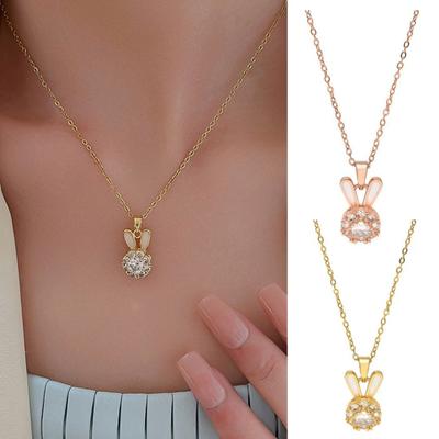 Women Necklace Rotatable Rabbit Elegant Dainty Slim Chain Gift Luxury Rhinestone Inlaid Bunny