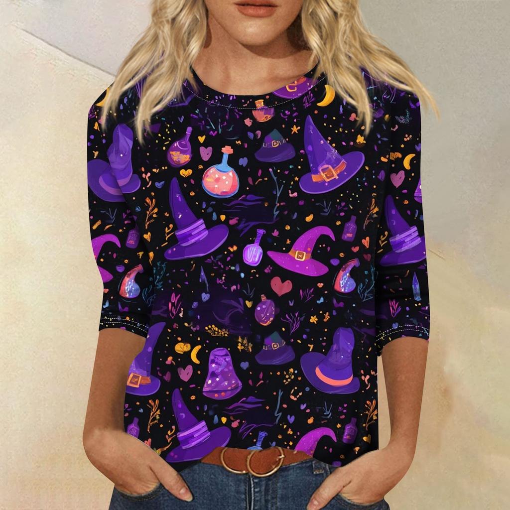Women's Fashion Casual Three-quarter Sleeve Halloween Printed Round Neck Top