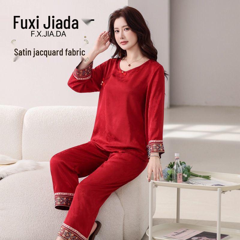

Fuxijia Elegant Chinese Court-Style Red Empress Pajama Set for Women, Long Sleeve, Lightweight, Stylish Home Wear 5XL (160-180 jin)