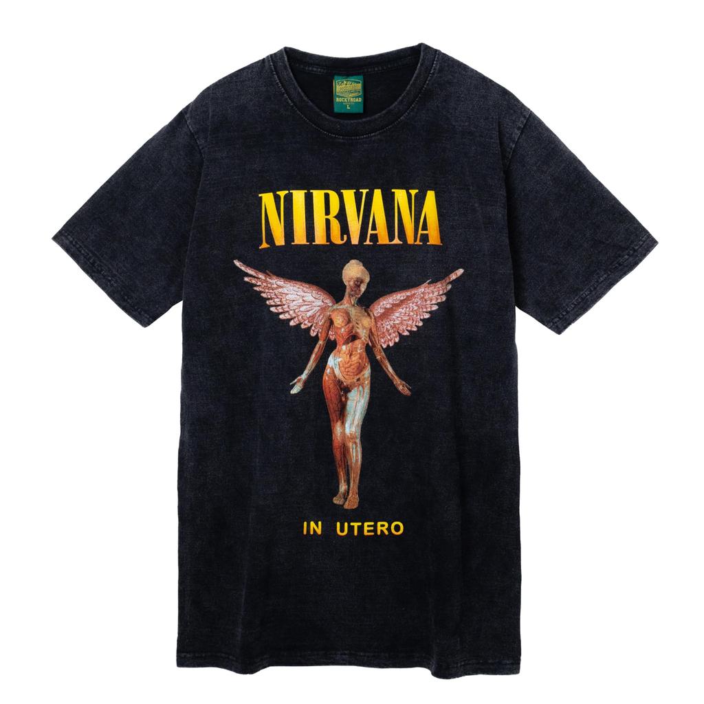NYARO Nirvana T-Shirt, Angel Rock Tee, Music, Short Sleeve, 100% Cotton, Bleached, Men's, Retro Back Print (JP, Alphabet, XL, Men's (Large), Gray)