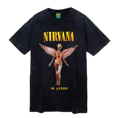 NYARO Nirvana T-Shirt, Angel Rock Tee, Music, Short Sleeve, 100% Cotton, Bleached, Men's, Retro Back Print (JP, Alphabet, XL, Men's (Large), Gray)