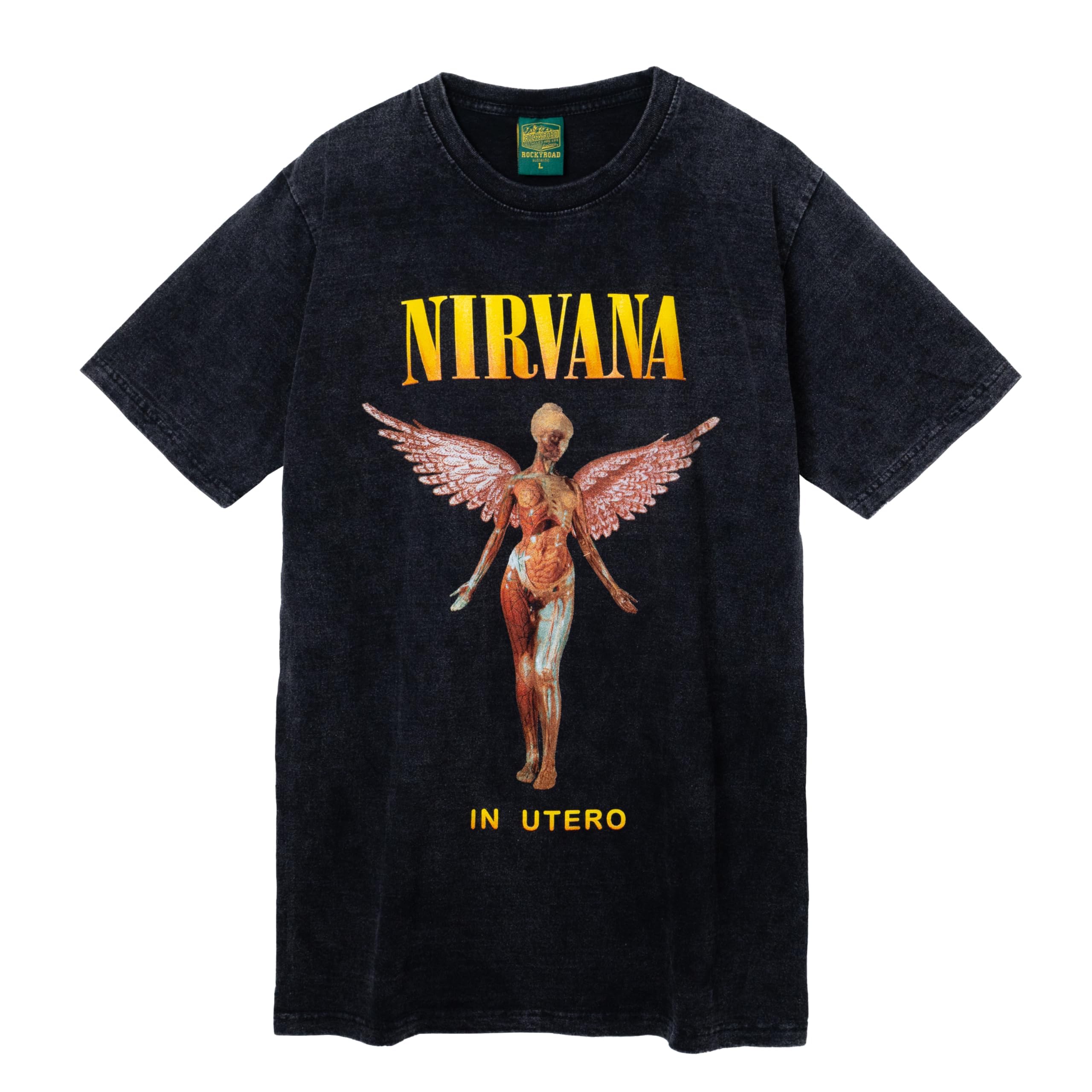 Футболка NYARO Nirvana, Ангельская рок-футболка, Музыка, Короткий рукав, 100% хлопок, Отбеленная, Мужская, Ретро принт на спине (Япония, Алфавит, XL, Мужской (большой), Серый)
