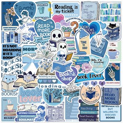 10/50 peças Adesivos de livros de leitura estéticos fofos de desenho animado Adesivos azuis de livros para bagagem Laptop Guitarra Telefone Decalques de vinil à prova d'água