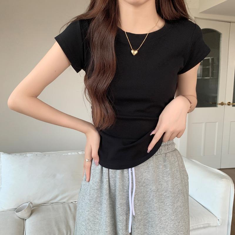 Solid Color Positive Shoulder Short-sleeved T-shirt Summer Slim Thin Arc Hem High Waist Short Tops