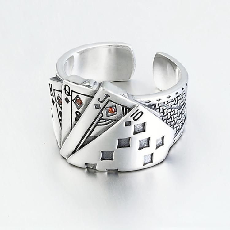 Hip Hop Fashion Exaggerated Cool Opening Ring Playing Card Crystal Rings for Men