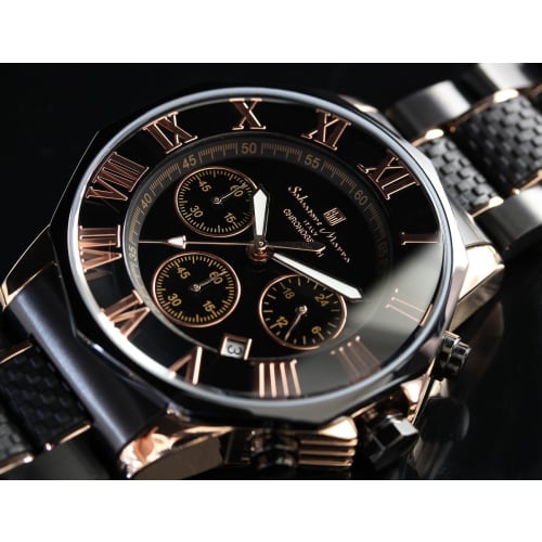 Salvatore Mara Watch Chronograph 10 ATM Water Resistant Business Formal Italian Brand Limited Model Men's SM15104 (Black X Pink Gold)
