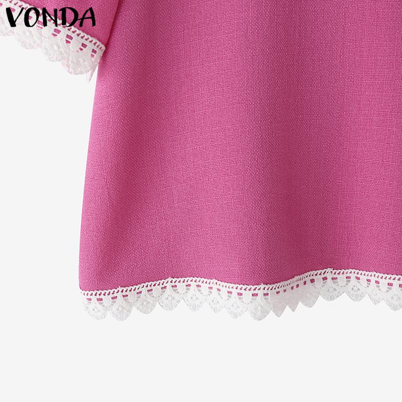 VONDA Summer Elegant Women Short Sleeve Lace Hem Texture Casual Short T-shirts