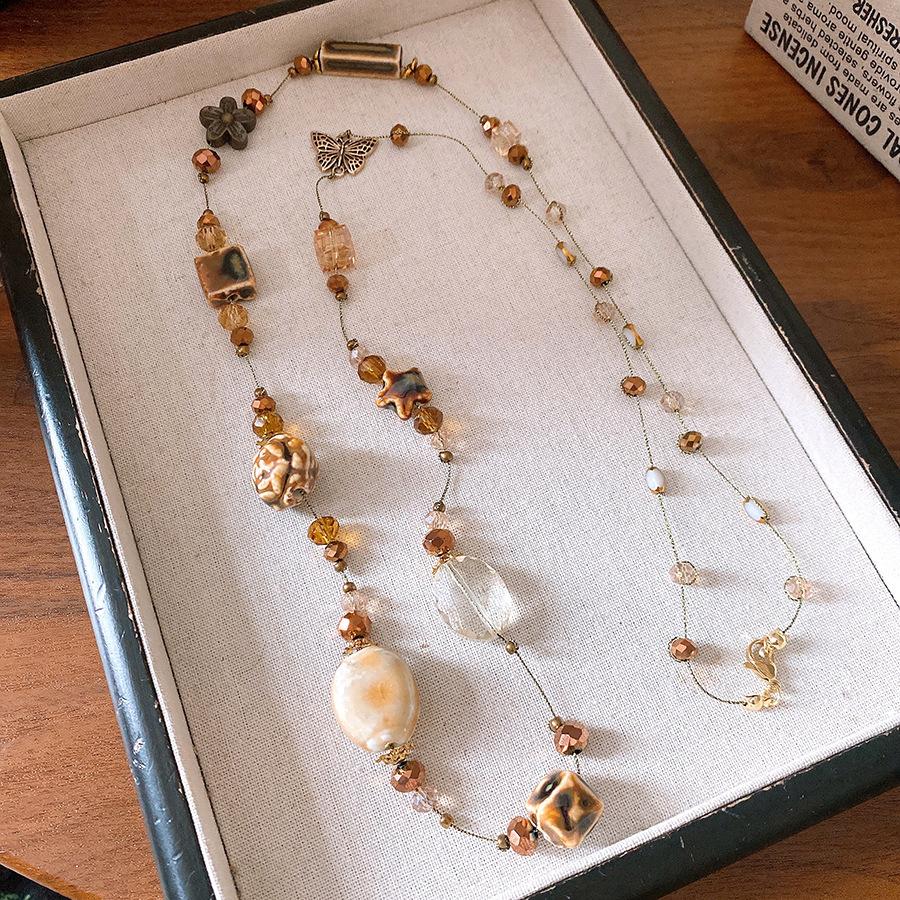 Flower Ceramic Rice Beads Beaded Stacked Necklace Retro Exquisite Collarbone Chain Design Sense Niche Necklace Women