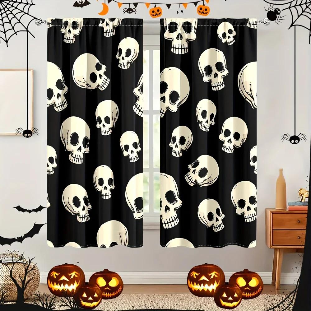 2 Stück - Halloween Gothic Stil Totenkopf-Print Vorhänge Stangentaschenvorhänge Heimdekoration Zimmerdekoration