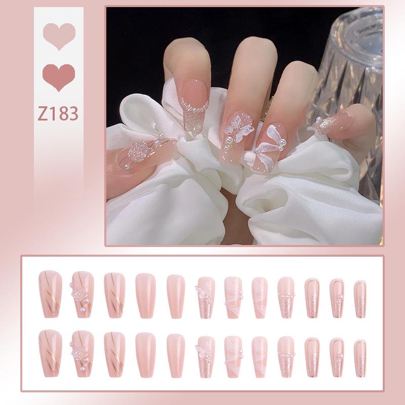 

Camellia Cat Eye Butterfly Press-On Nails with Pearl Ribbon Stickers - Elegant Fairy Style Glue Kit