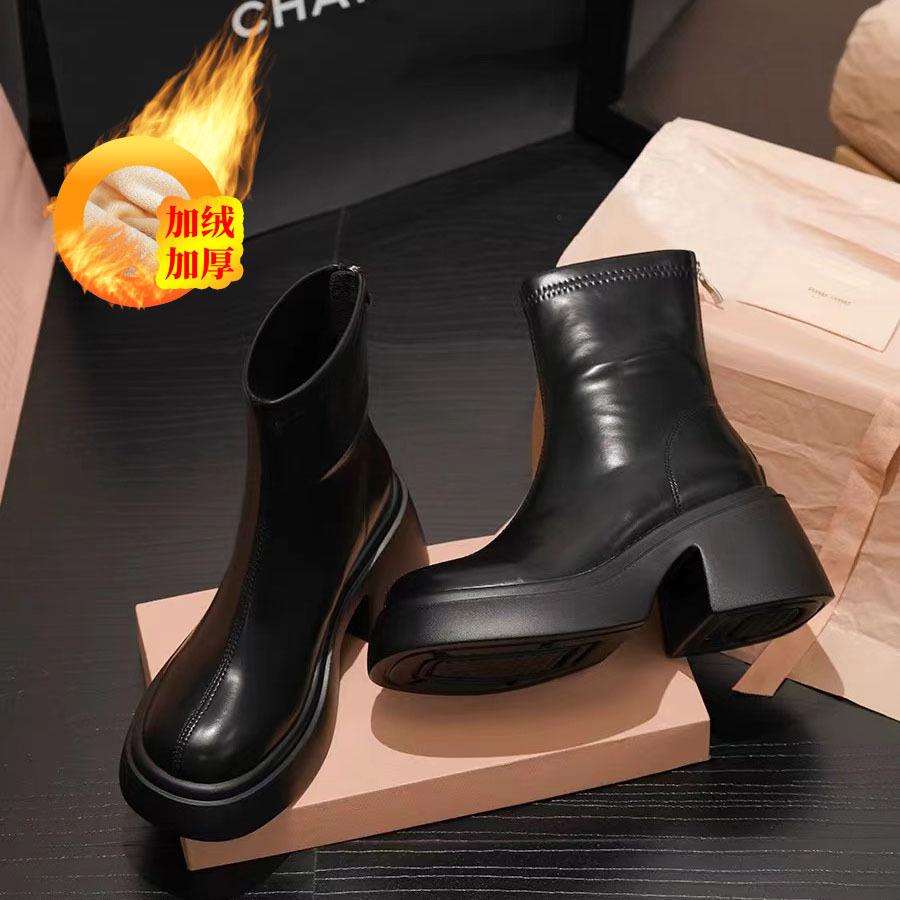 Fashion Hot Sale Women High Heel Boots Chunky 8cm Comfortable Ladies Leather Ankle Boots British Sexy Woman Motorcycle Boots Botas Mujer