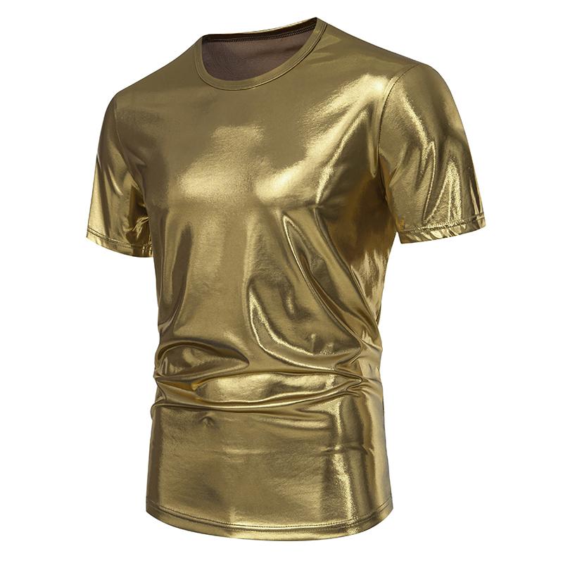 T-shirt da Uomo Lucida Metallica Estiva Casual Girocollo Manica Corta Top Magliette Nuova Moda Oro Costume di Scena Festa Disco Nightclub Tee