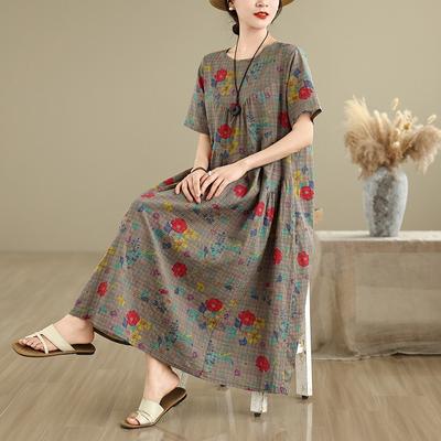2025 Summer New Retro Round Neck Short-sleeved Printed Cotton and Linen Dress Women's Loose and Thin A-shaped Long Dress