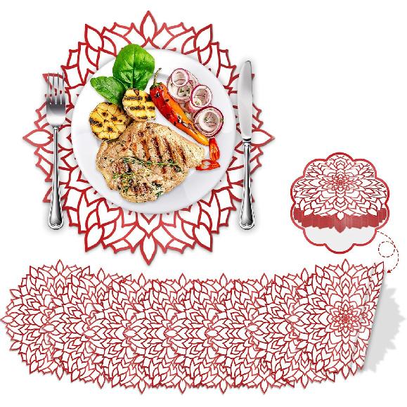 50PCS Disposable Gold White Metallic Round Paper PlaceMats Round Floral Charger Table Mat Table Setting Mat Pressed Paper Round Place Mats for красный