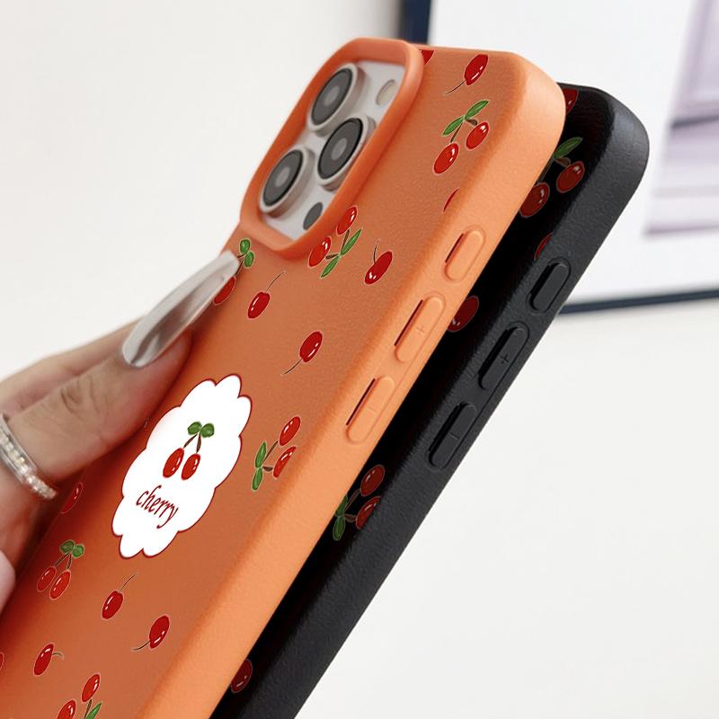 Cherry Pattern Leather Texture Plain Color Shell for iPhone 16 Pro 15 14 13 12 Pro Max 11 Soft Tpu Shockproof Matte Case Cover