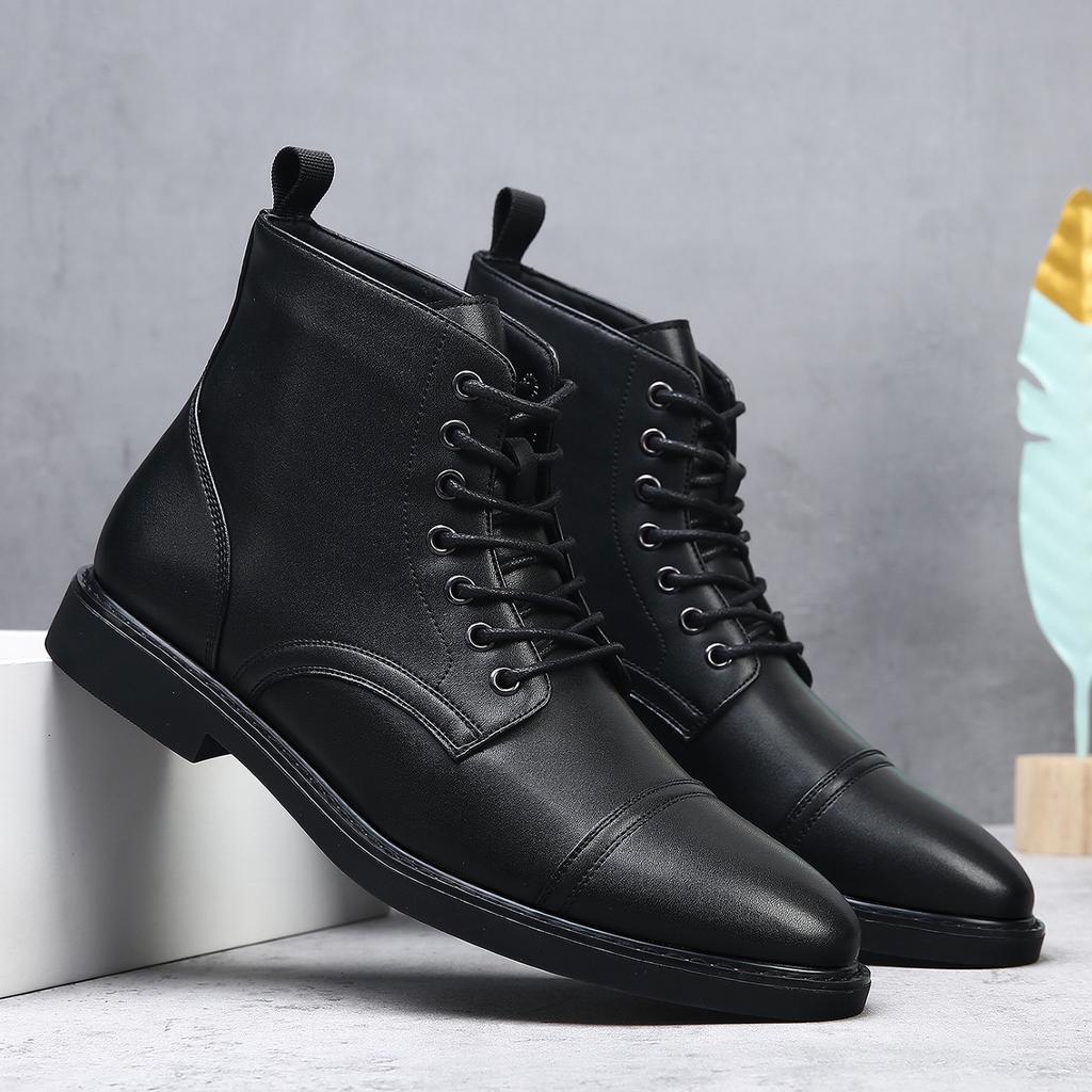 Black High Top Lace Leather Boots for Men Retro British Style Big Size Ankle Boot Male New Designer Autumn Winter Warm Shoes Man