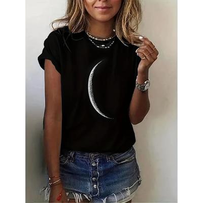 Moon Print Crew Neck T-Shirt, Casual Short Sleeve T-Shirt for Spring & Summer, Women's Clothing