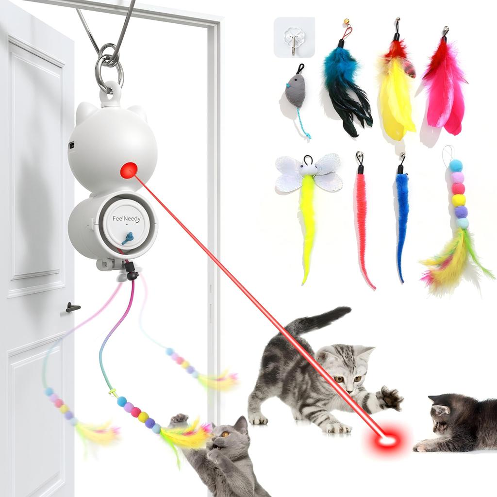FEELNEEDY Automatic Cat Electric Cat Teaser with LED USB Bird and Set of Popular Cat Toys for When Helps Your Cat Get Stimulates Hunting and Makes a