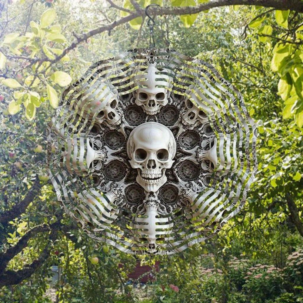 Large 3D Metal Skull Wind Chime – Artistic Kinetic Garden Decor with Swirl Design, Reflective Outdoor Ornament for Patioeco