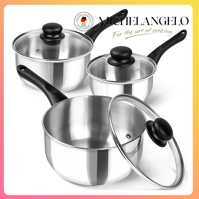 MICHELANGELO Nonstick Saucepan Set Stainless Steel Milk Pot with Bakelite Handle 1QT & 2QT &3QT Saucepan with Lid for All Stoves