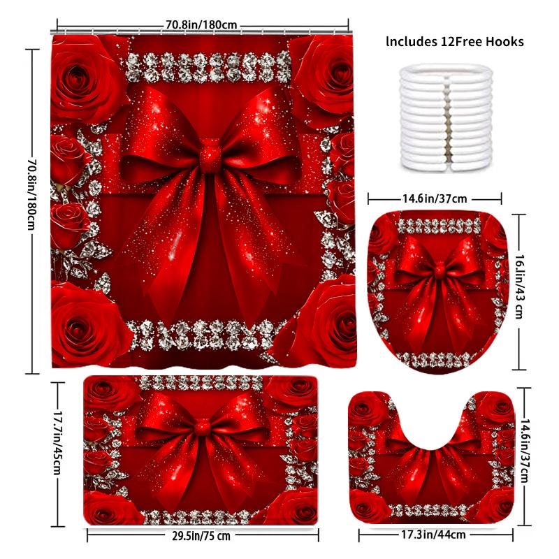4Pcs Shower Curtain Set with Non-Slip Bath Mat, Toilet Lid Cover, Contour Rug & 12 Hooks, Bathroom Decor