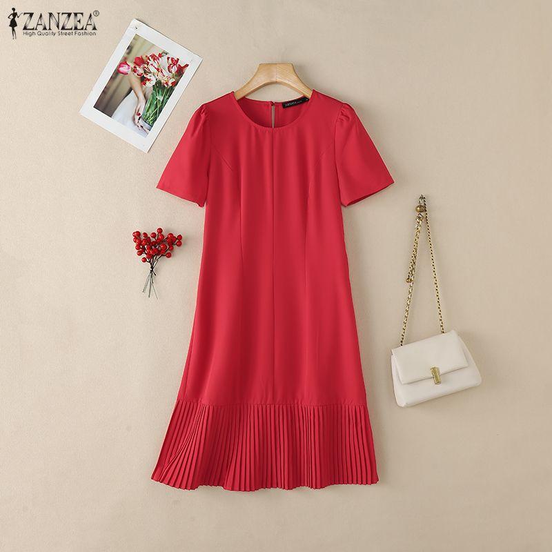 ZANZEA Women Casual Round Neck Solid Color Loose Short Sleeve Dress