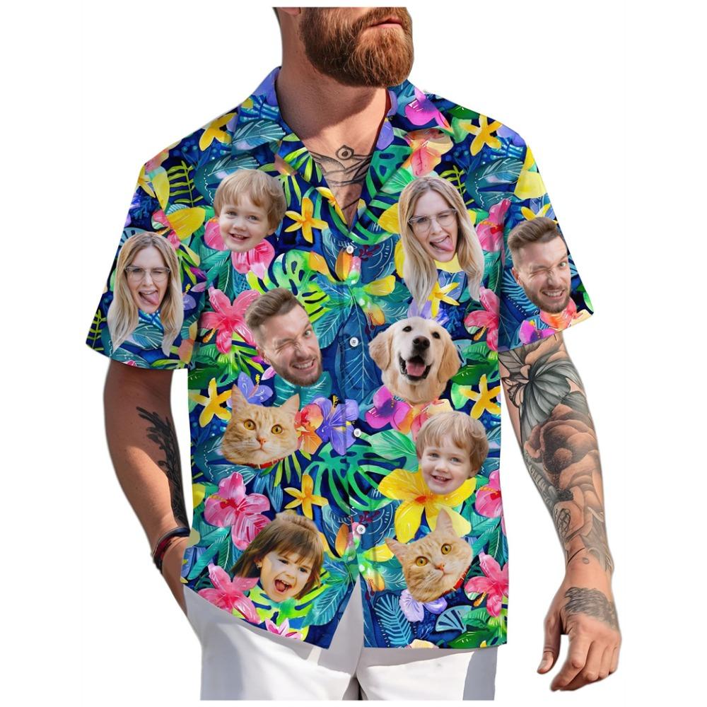 Maßgeschneiderte Hawaiianhemden für Erwachsene, Kinder, Haustiergesichter, Sommer Mode, Kurzarm, Personalisiert, 3D-Druck, Locker, Atmungsaktiv, DIY Blusen