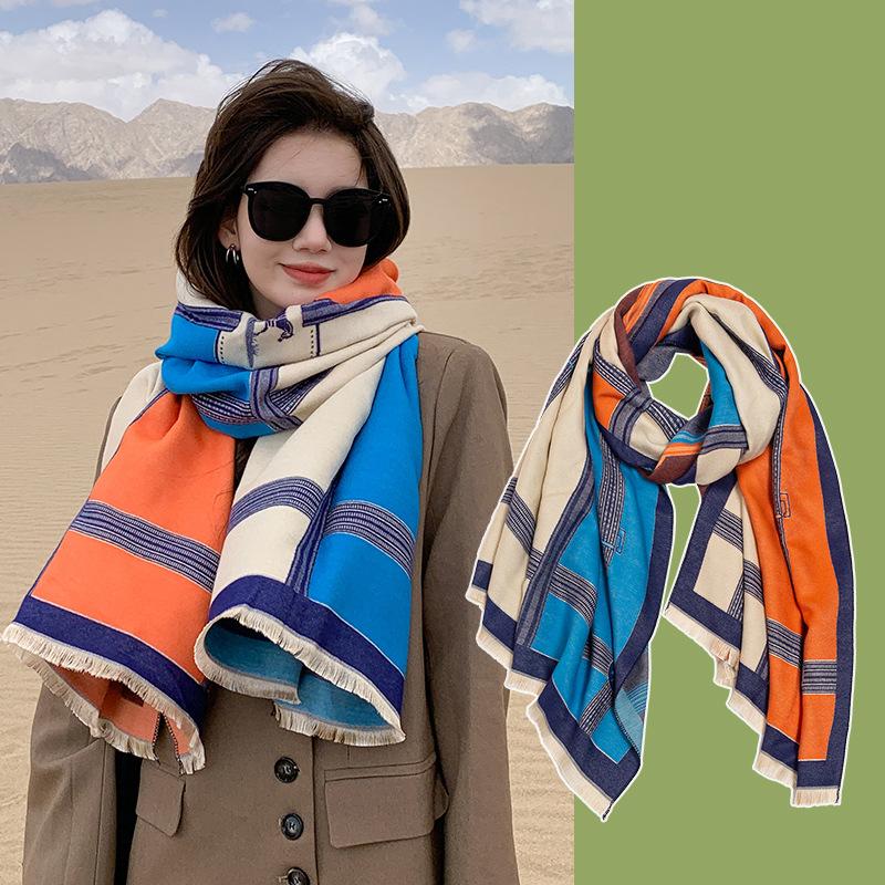 Korean Style Fashion Chain Imitation Cashmere Scarf for Women Autumn and Winter New Contrast Color All Match Scarf Tassel Cold Proof Warm Shawl