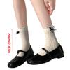 Women's Japanese Sweet Bowknot Accent Crew Socks Elegant Students Hollowout Heart Pattern Ruffle Top Middle Calf Socks