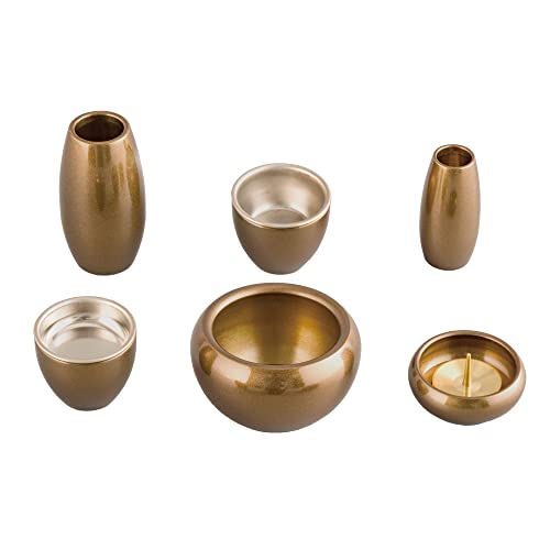 Mini Buddhist Altar Set, Silma Amber Brown, 6-piece set, 2.0 inch, Modern Buddhist Altar Set, Copper and Brass, Round and Cute Mini Buddhist Altar Set